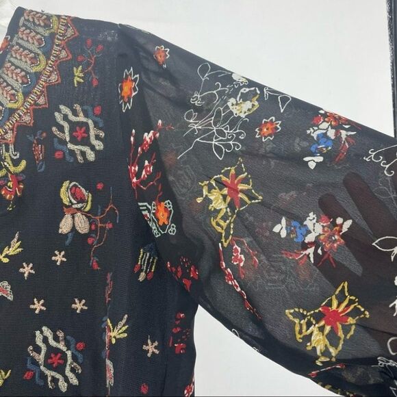 Philosophy Floral Embroidered Tassel Tie Neck Long Sleeve Boho Semi-Sheer Dress‎ - Picture 8 of 9